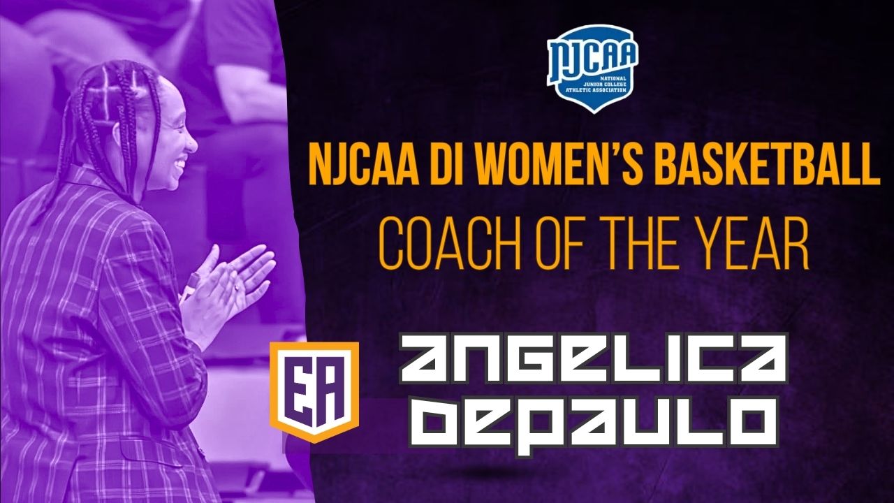 Photo: Graphic announcing NJCAA Division I Women&rsquo;s Basketball Coach of the Year is Angelica de Paulo The design features a purple background with the NJCAA logo and bold text naming Angelica de Paulo. On the left, de Paulo is shown clapping on the sideline.