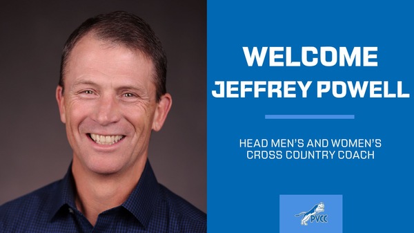 Photo: Welcome graphic introducing Jeffrey Powell as the new head men's and women's cross country coach at Paradise Valley Community College. The graphic features Powell's headshot on the left and welcome text with the PVCC logo on a blue background on the right.
