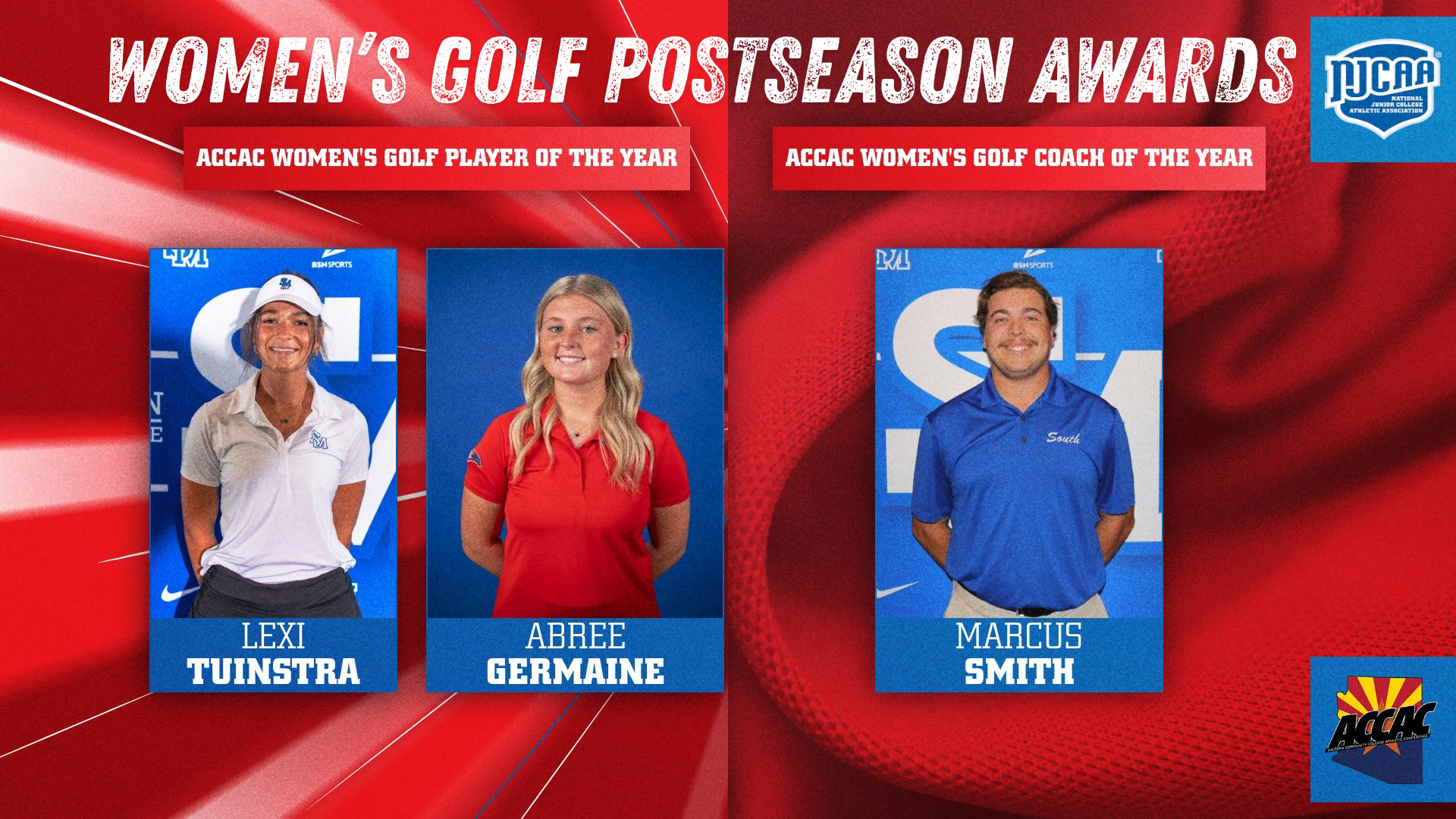 Photo: Graphic titled &ldquo;Women&rsquo;s Golf Postseason Awards&rdquo; featuring ACCAC Player of the Year winners Lexi Tuinstra (South Mountain) and Abree Germaine (Mesa), alongside Coach of the Year Marcus Smith (South Mountain), with NJCAA and ACCAC logos displayed.
